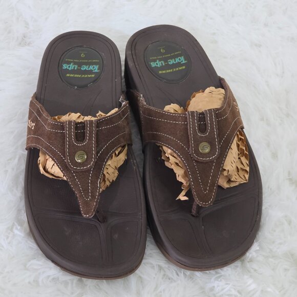 Sketchers Tone-ups Women’s Leather Sandals Brown Flip Flop Size 9 Wedge - Picture 7 of 8